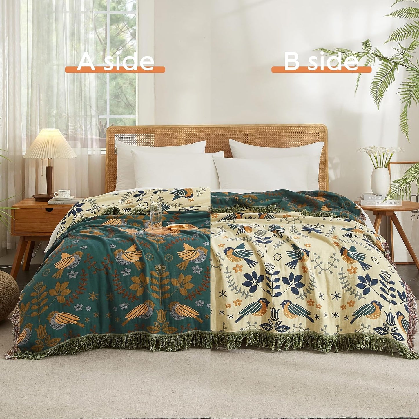 Boho Throw Blanket for Bed 80”x90”, 100% Cotton Woven Blanket for Couch Sofa, Ultra Soft 4-Layer Muslin Quilt with Bird Floral Printed, Farmhouse Bed Blanket/Cover for Living Room Decor
