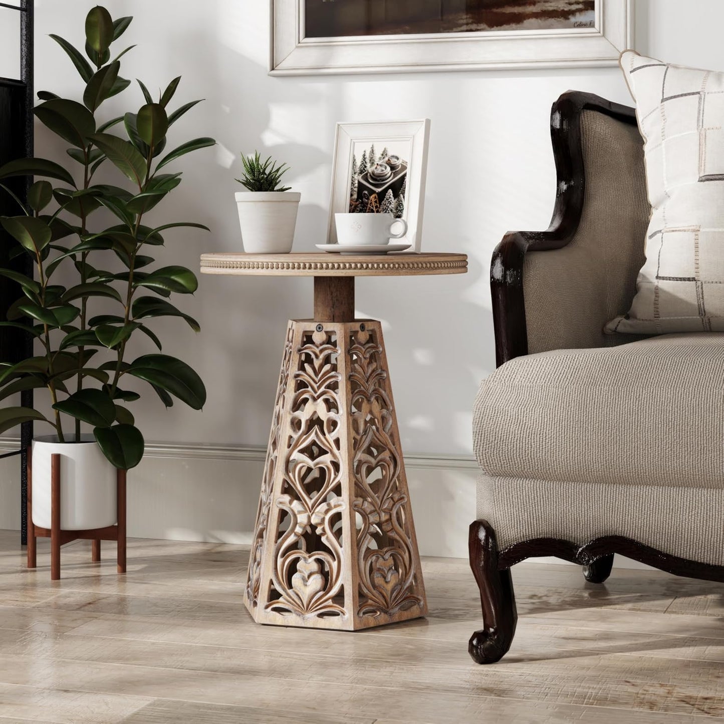 Rustic Farmhouse Wooden End Table, Distressed Round Accent Table with Intricate Carved Floral Patterns, Boho, for Living Room, Bedroom, or Entryway, Distressed Wood Color