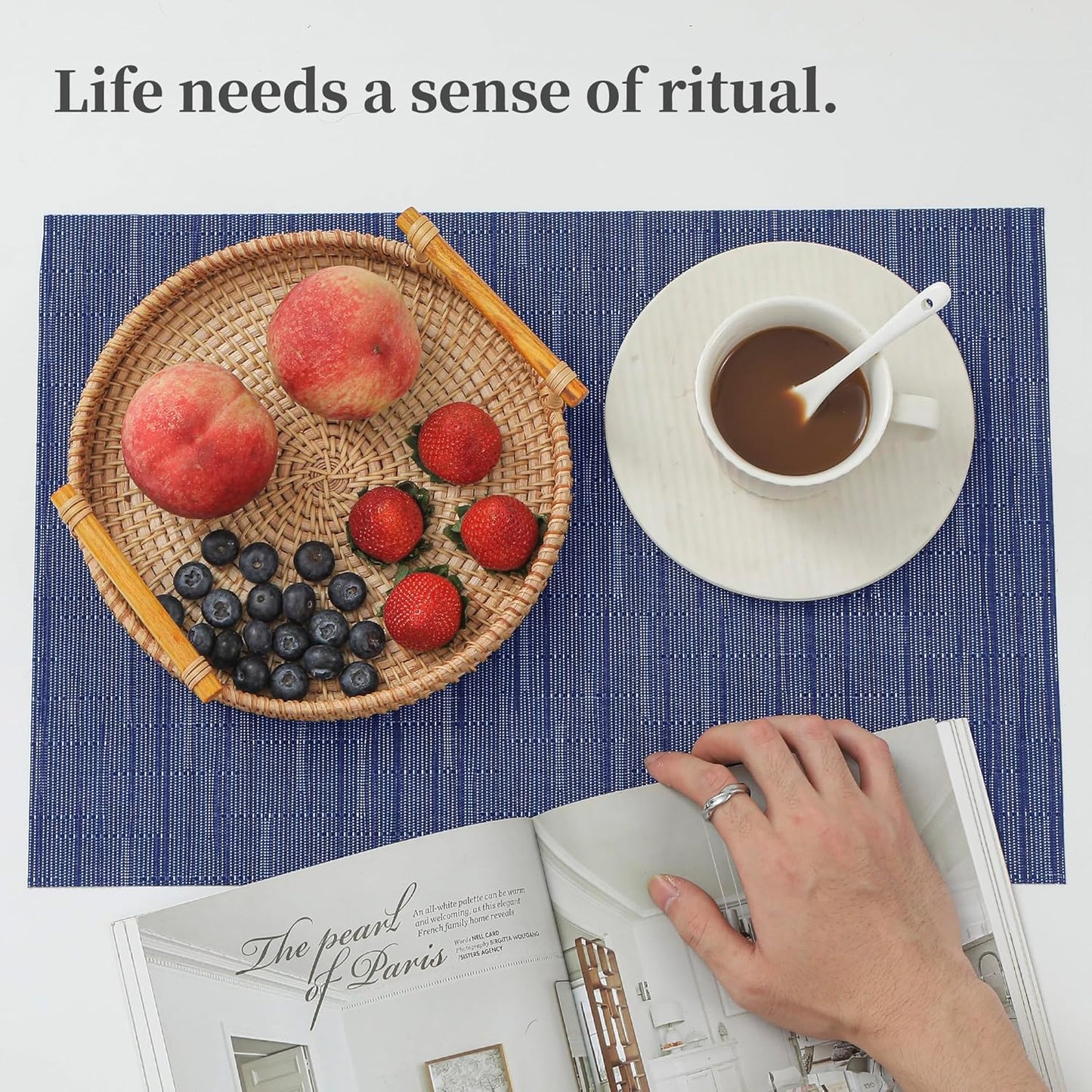 Leetaltree Blue Placemats Set of 4 - Heat Resistant Non-Slip Place mats for Dining Table, Washable Durable PVC Vinyl Woven Table Mats（Blue, 4）