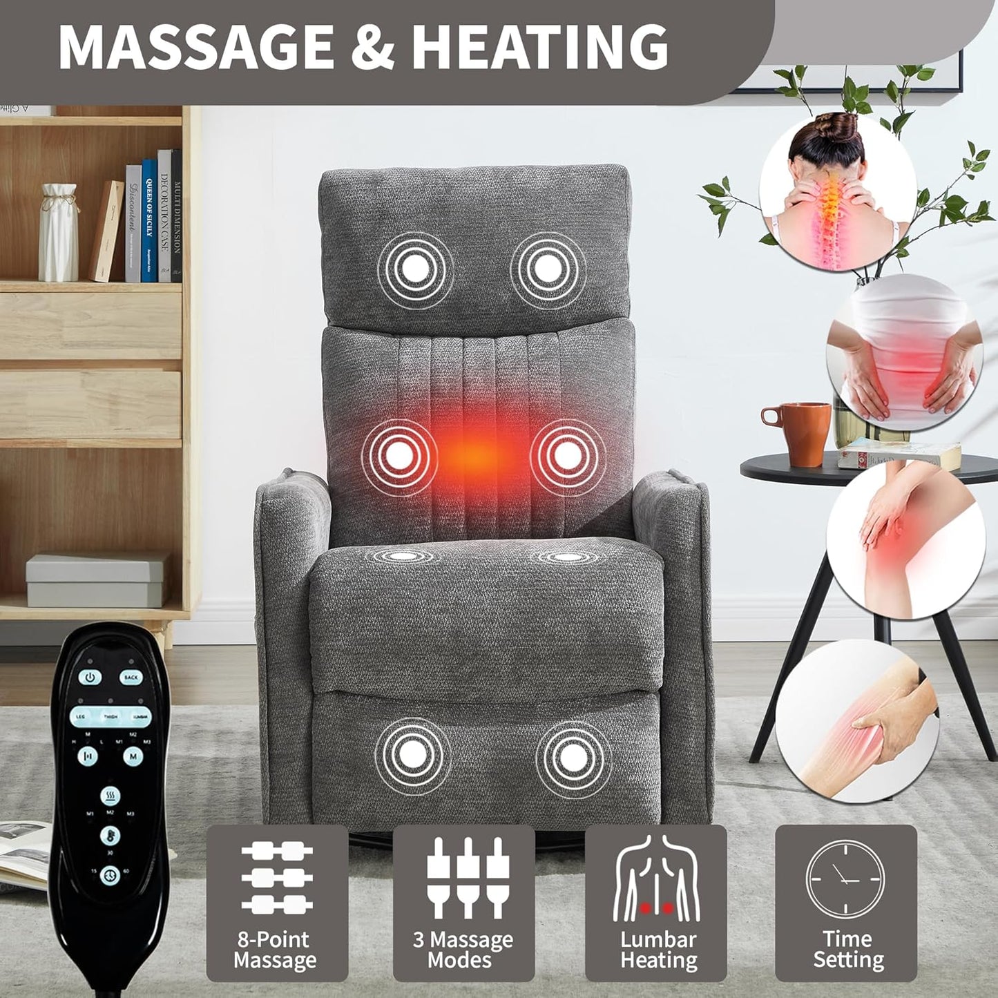 Manual Swivel Rocker Recliner Chair for Adults, Overstuffed Reclining Glider Chair for Nursing with Vibration Massage & Heat, Living Room Rocking Recliner 2-Stage backrest, Chenille Fabric Dark Gray