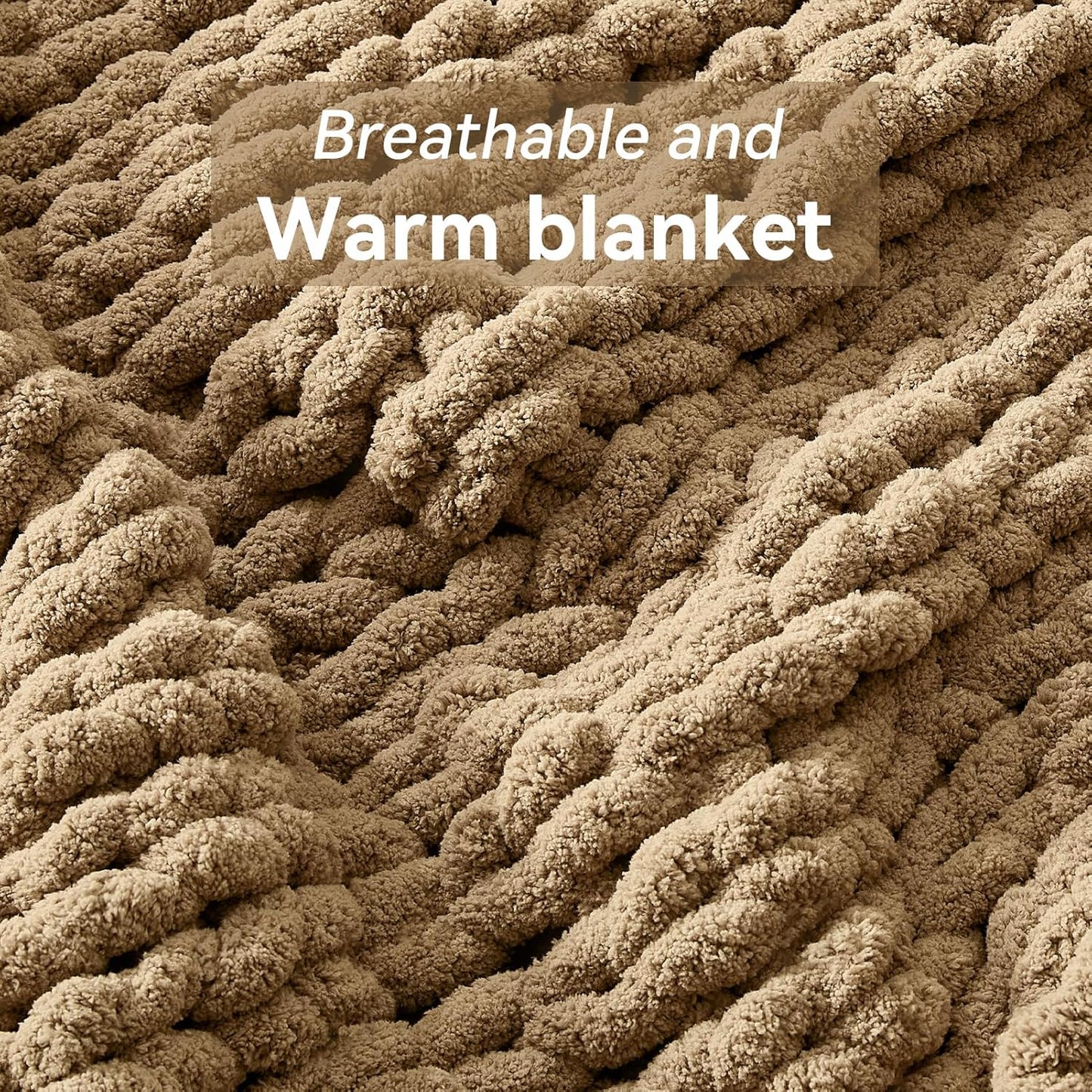 Chunky Knit Throw Blanket, 30''*40'' Knitted Throw Chenille Yarn for Bed Couch, Handmade Light Brown Crochet Big Thick Blanket, Machine Washable Cute Comfy Blanket for Home Decor