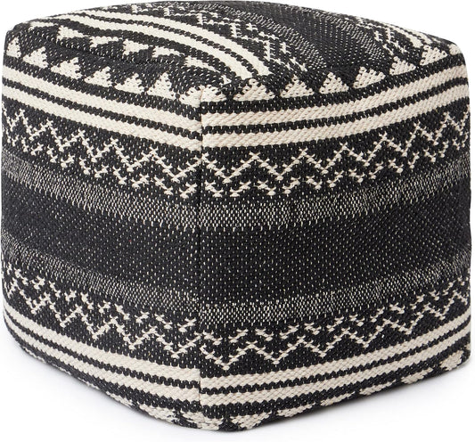 REDEARTH · Tufted Pouf Ottoman with Filler Textured Storage Cube Bean Bag Pouffe Footrest for Living Room, Bedroom, Nursery, Kidsroom; 100% Cotton (17.5"X17.5"X17.5", Ziggurat Obsession Black)