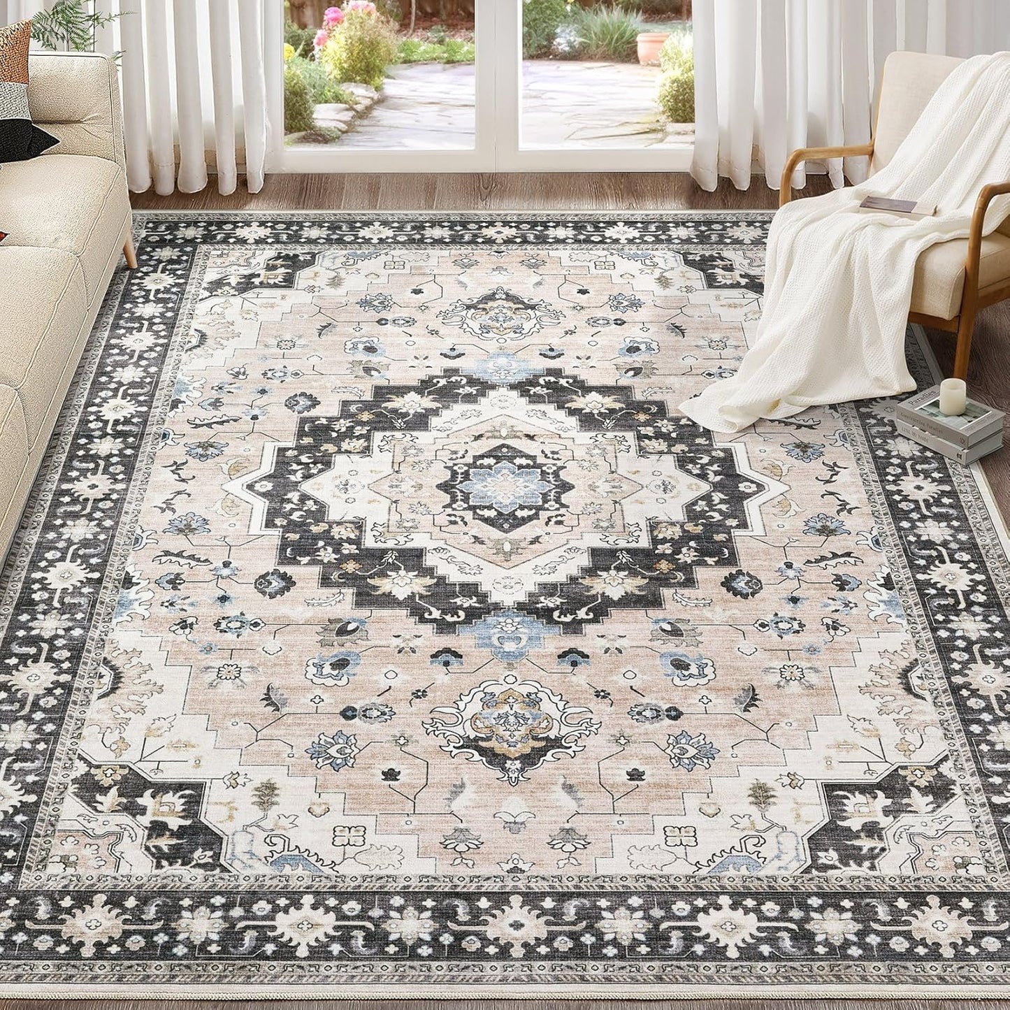 Washable Area Rugs for Living Room - 9x12 Neutral Vintage Distressed Floral Farmhouse Boho Large Soft Floor Rug Indoor Non Slip Carpet for Bedroom Dining Room Office - Pink/Dark Green