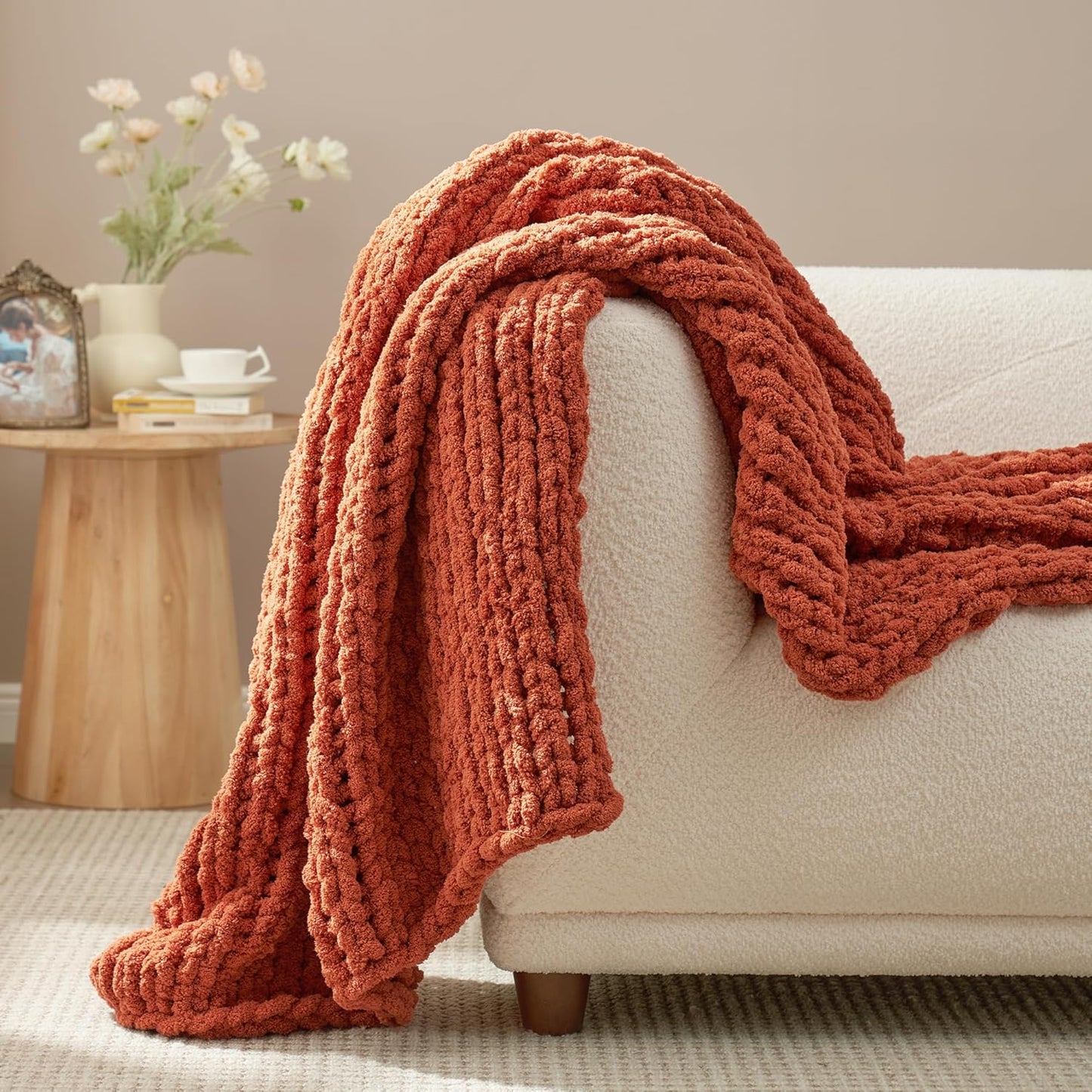 Amélie Home Chunky Knit Throw Blanket for Couch, Soft Chenille Crochet Blanket for Sofa, 50"x60", Burnt Orange