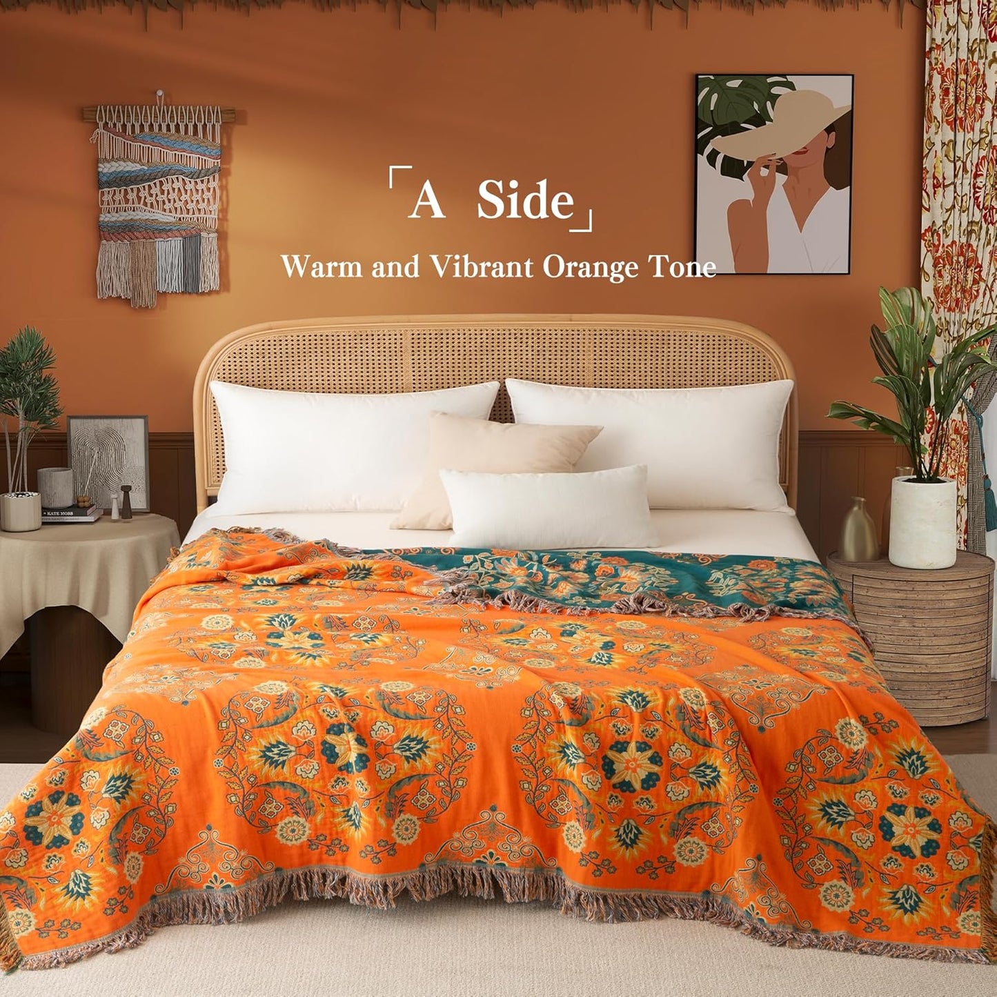 Boho Throw Blanket Queen Size, Oversized Soft Cozy Cotton Muslin Quilt Blanket for Bed Decor, Floral Patterned Couch Sofa Chair Cover, Vintage Farmhouse Cottage Woven Blanket, Orange&Green