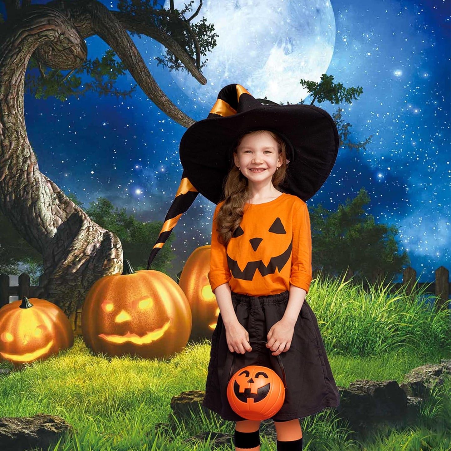 5x7FT Halloween Backdrop for Photography Grass Pumpkin Moonlight Decoration for Portrait Background Party Banner Photo Booth Shoot Props