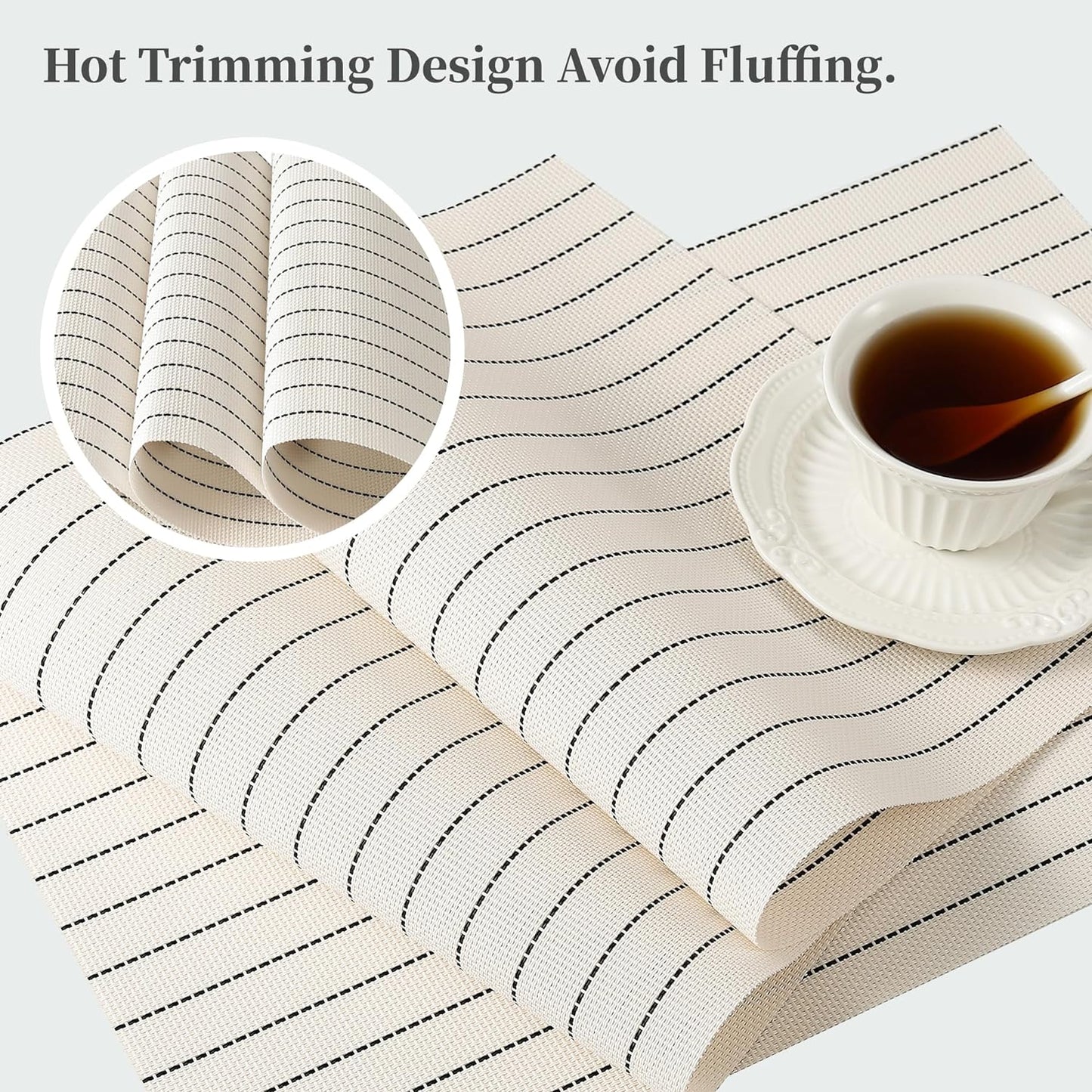 Leetaltree White with Black Stripes Placemats Set of 8 - Heat Resistant Non-Slip Place mats for Dining Table, Washable Durable PVC Vinyl Woven Table Mats（White Stripes, 8）