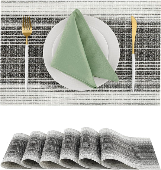 Leetaltree Black with White Woven Placemats Set of 6 - Heat Resistant Non-Slip Place mats for Dining Table, Washable Durable PVC Vinyl Woven Table Mats(Black with White, 6)