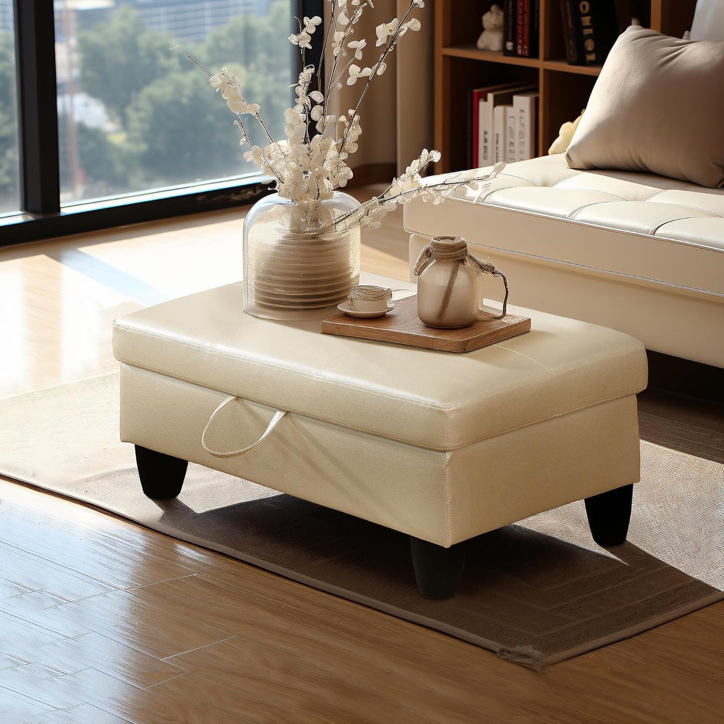 Ottoman Rectangular Storage Ottoman Bench, Faux Leather Footrest, Coffee Table, Stool Footstool with Hinged Lid for Living Room, Bedroom, Entryway, White, 28.5"x19"x17.5"
