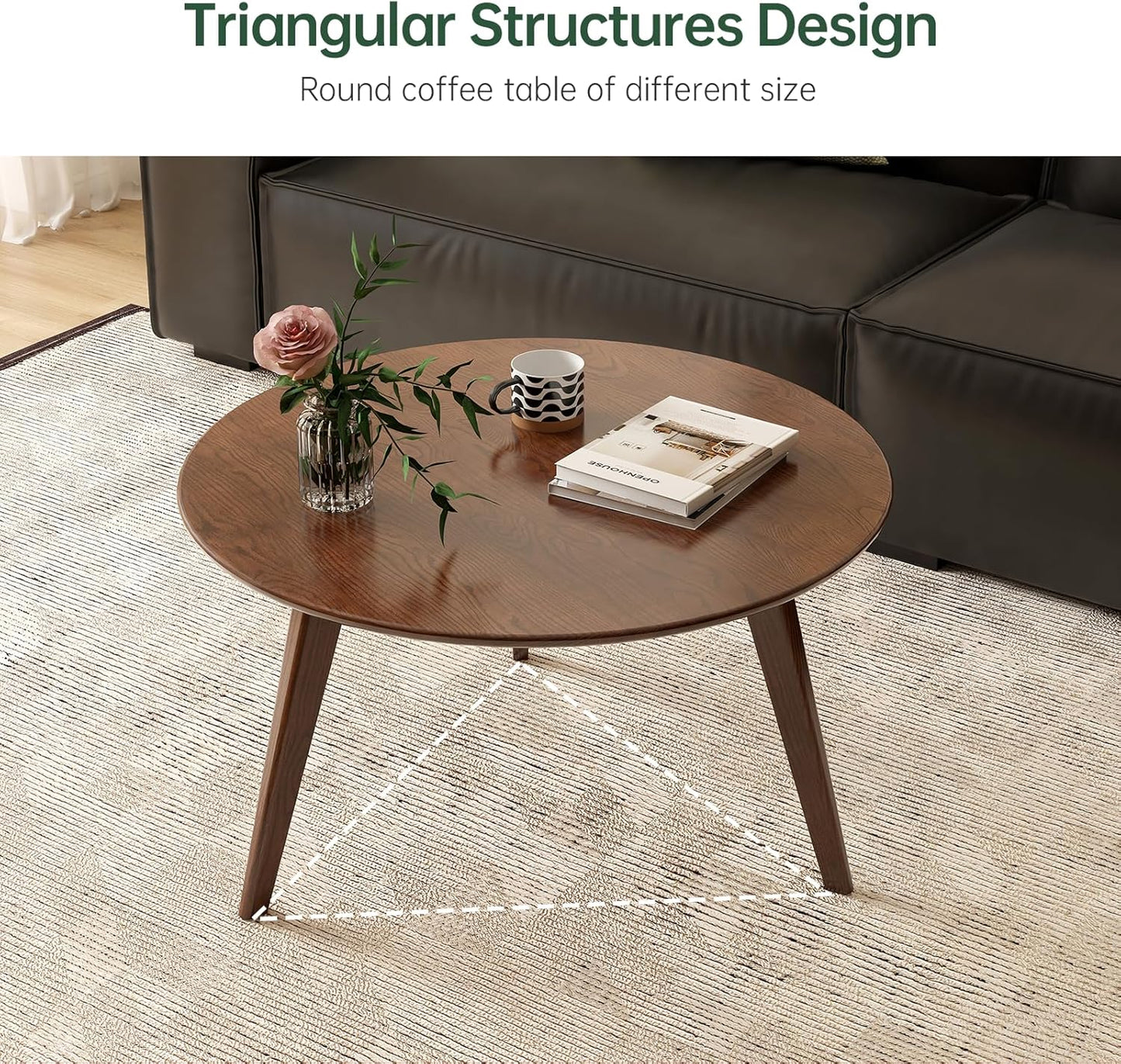 100% Solid Oak Wood Mini Coffee Table, Round Side Table w/Solid Wood Legs, Walnut Mid Century Coffee Table w/Sturdy Frame for Bedroom Balcony Living Room (29.53" D x 17.72" H)