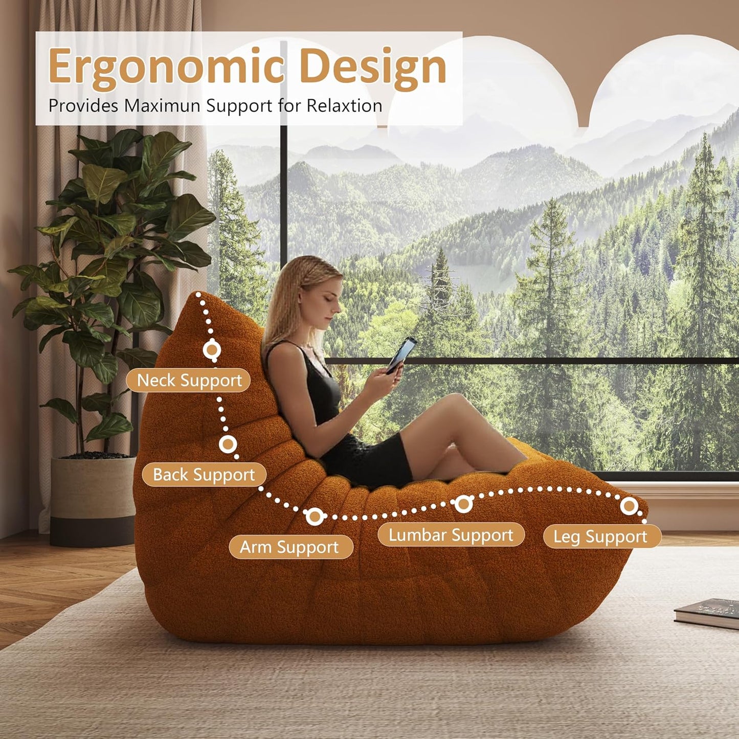 Bean Bag Chair, Oversized Bean Bag Chair for Living Room, Fireside Chair for Adults with Memory Foam Filled, Big Accent Lounge Floor Sofa for Reading, Relax, No Assembly Required. (Yellow 3-Seater)