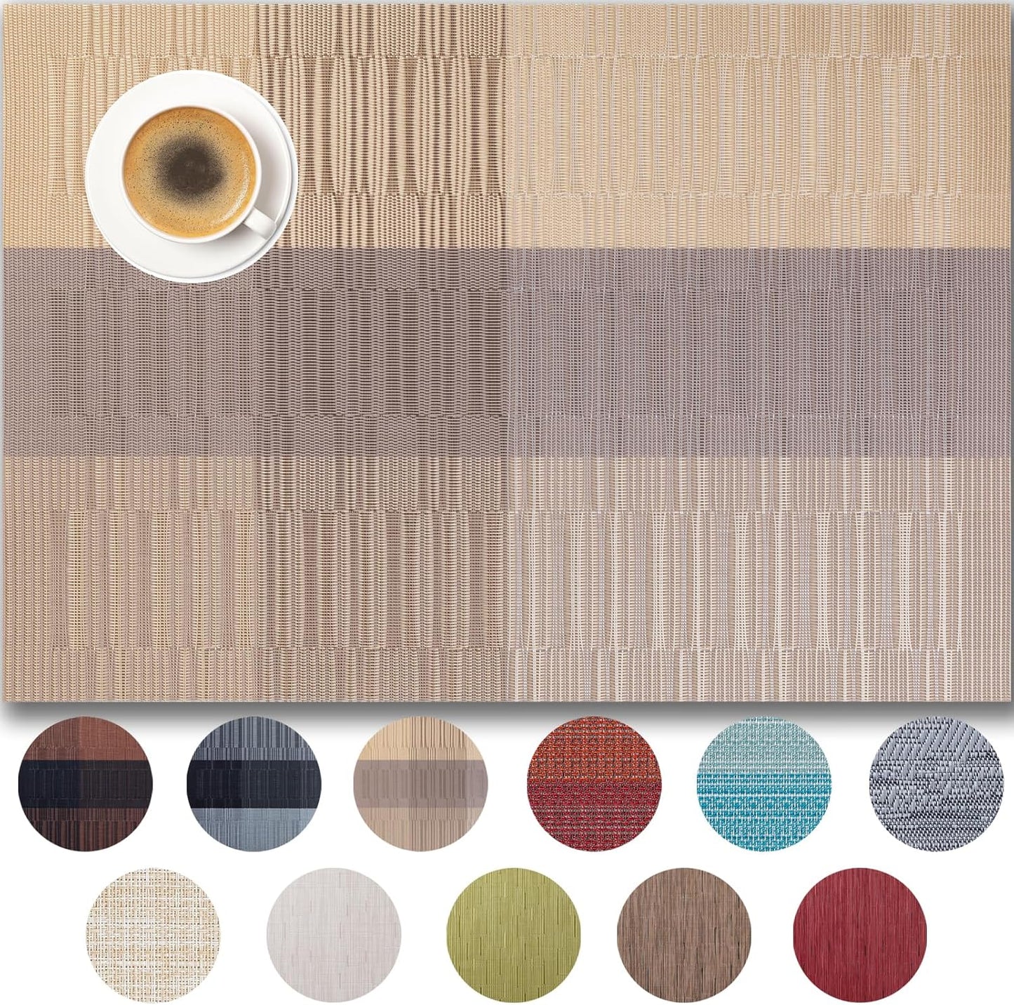 Placemats Set of 12 - Easy Clean Woven Vinyl Placemats for Dining Table, Indoor/Outdoor Place Mats, Washable PVC Table Mats （Gold Dune）