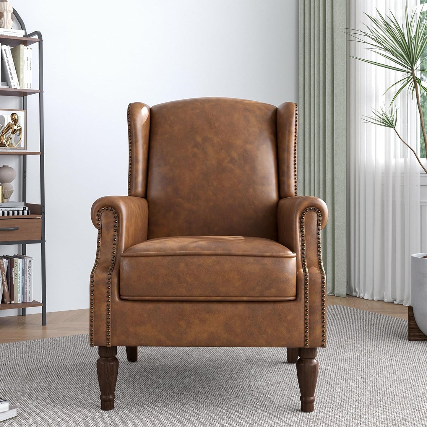 Accent Chair, Faux Leather High Back Armchair or Living Room, Comfy Upholstered Single Sofa Reading Chair with Solid Wood Legs for Office, Bedroom, Waiting Room-Brown