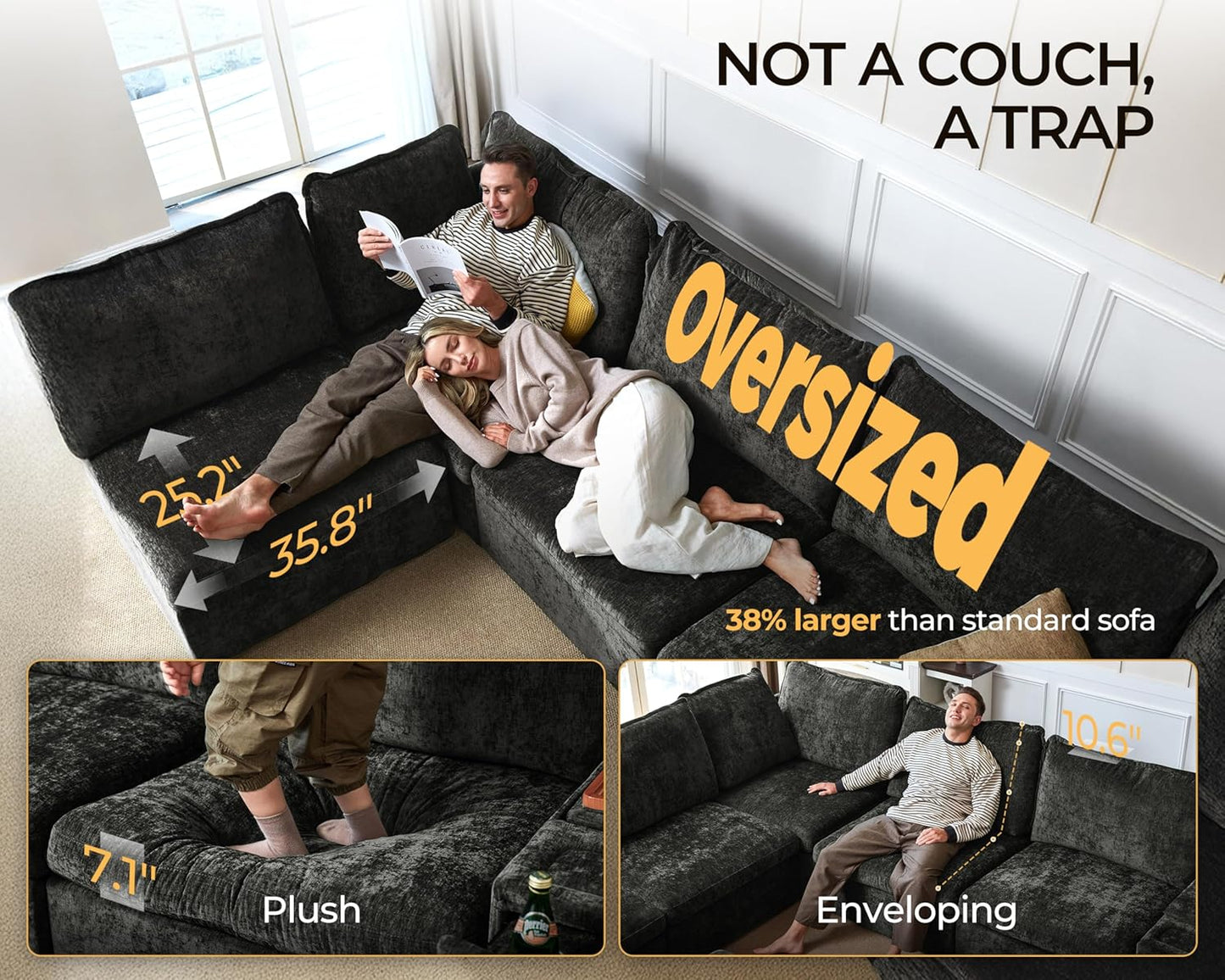 Oversized Modular Sofa Comfy Cloud Couch with Storage, Extra Deep Plush Sectional Sofa Set for Living Room, Covers Washable, Chenille, Olar (Black, 6-Seater with 3 Ottomans, Sleeper)