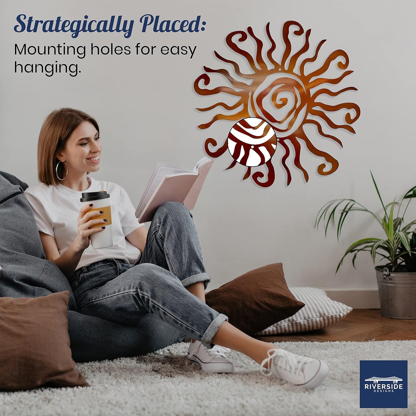 Riverside Designs Wacky Sun Metal Wall Art Indoor/Outdoor Decor - 18" Copper Rust Proof Wall Sculpture - Made in USA - Ideal for Bedroom, Garden, Home, Patio and Farmhouse