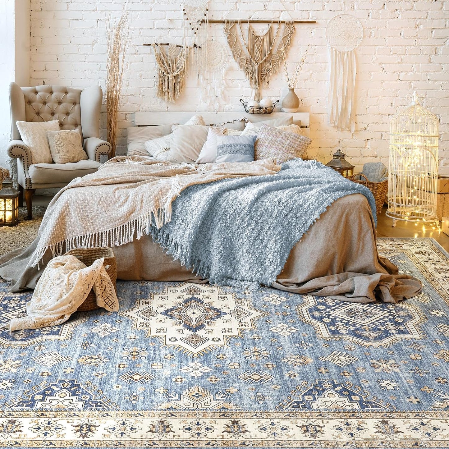 Washable Area Rugs for Living Room -10x12 Neutral Vintage Distressed Floral Farmhouse Boho Large Soft Floor Rug Indoor Non Slip Carpet for Living Room Bedroom Dining Room Office - Blue