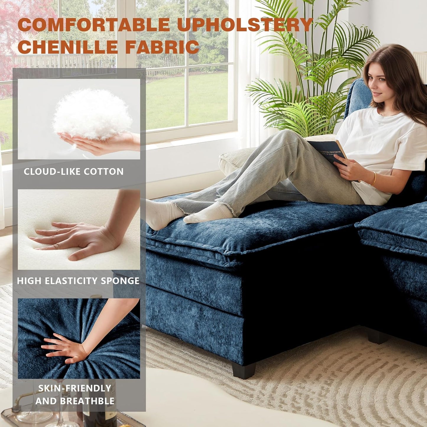 113" Oversized Cloud Couch, U Shape Sectional 4 Seat Sofa with Double Chaises, 2 Layer Cusions, Deep Seat Comfy Sofa, Upholstery Chenille Fabric for Living Room, Blue