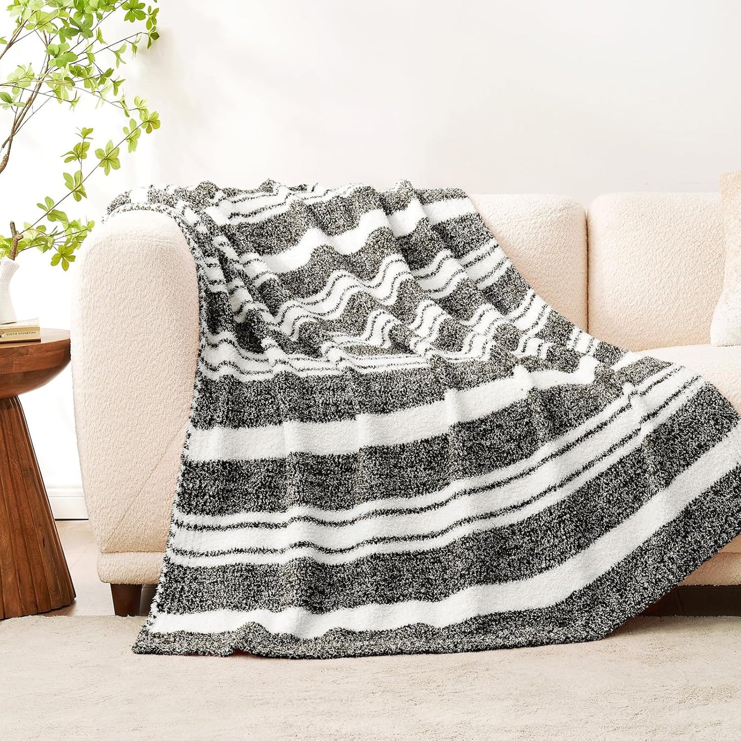 Snuggle Sac Stripe Black Throw Blanket for Couch, Reversible Super Soft Warm Blankets Cozy Knit Fuzzy Plush Lightweight Throws for Sofa, Bed, Stripe Black, 50x60 inches