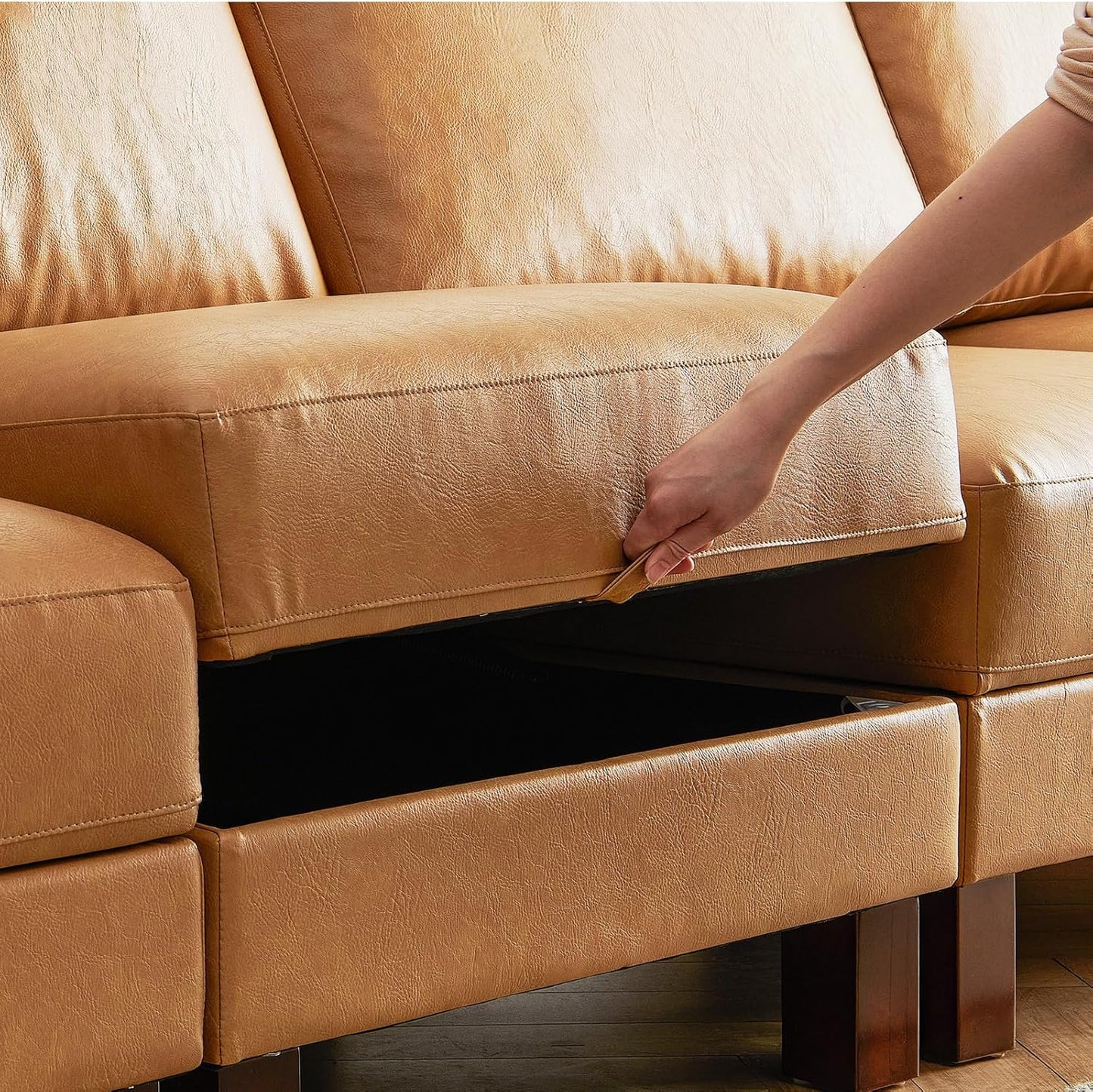 L Shape Modular Sofa, Faux Leather Sectional, 98'' 4 Seater Couch, Mid Century Modern Decor Couch, Office Sectional Sofa Bed, for House, Apartment, Living Room, Tan