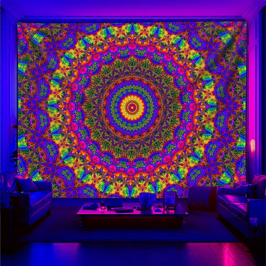 PSYHILAR Blacklight Mandala Boho Tapestry, Black Light Bohemian Hippie Poster for Adults and Teens, Aesthetic Colorful UV Reactive Wall Art Decor for Bedroom (80 x 60 Inches)