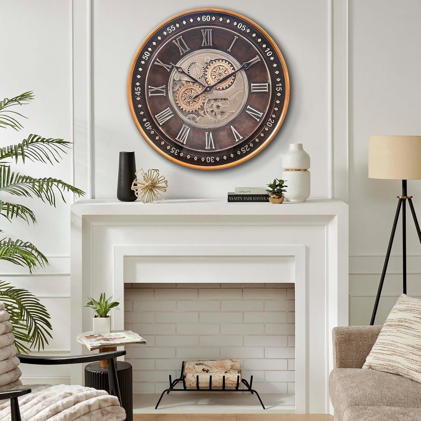 CLXEAST 24 Inch Wall Clock with Moving Gears,Oversized Large Industrial Steampunk Clock, Antique Gold Metal Roman Numeral Wall Clocks for Farmhouse Living Room Decor