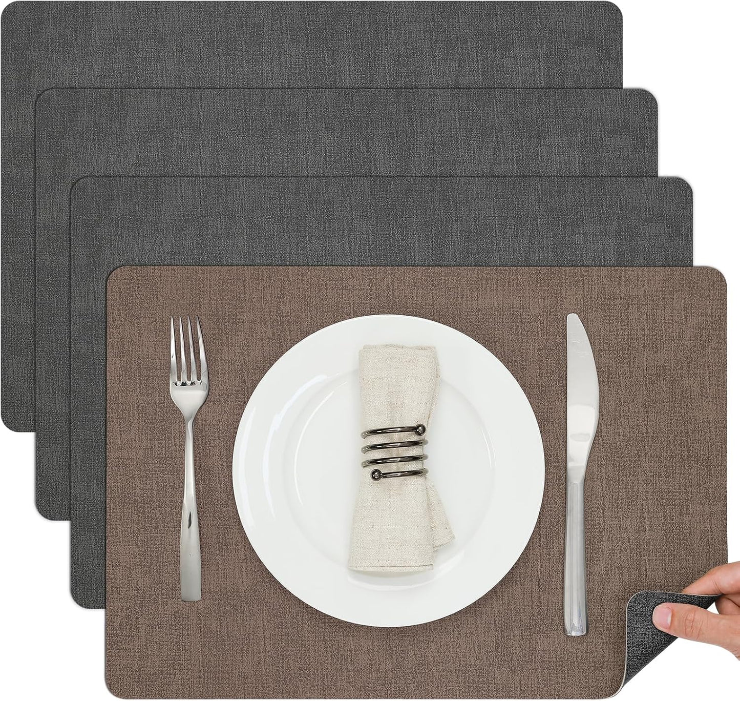 Myir JUN Placemats Dual Sided, Faux Leather Place Mats Set of 4 Indoor Placemat for Dining Table Outdoor Place Mat Square Non-Slip Washable Table Mats (Gray Brown, Set of 4)