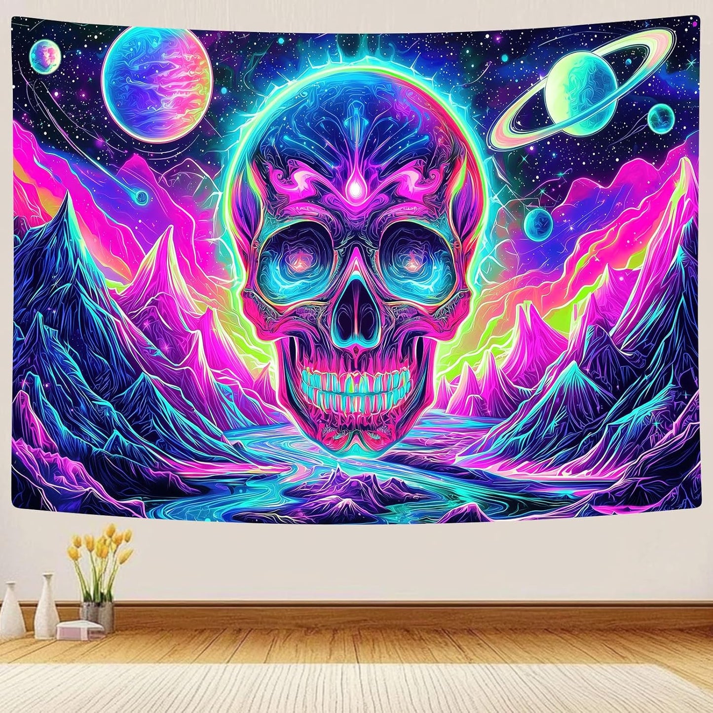Blacklight Skull Tapestry, UV Reactive Gothic Skeleton Mountain Galaxy Planet Wall Hanging Tapestries, Glow in the Dark Horror Face Halloween Aesthetic Poster for Bedroom Living Room Decor 70X60IN