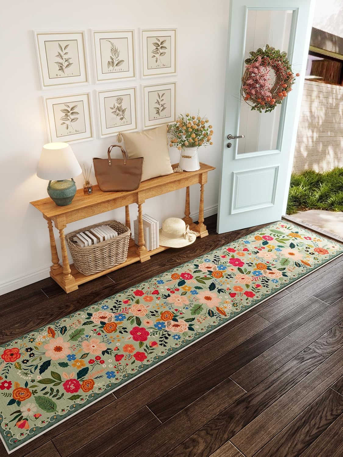 Runners for Hallways Kitchen Runner Rug Non Slip 2'x 10' Long Washable Rugs with Rubber Backing Soft Floral Carpet Runner for Hallways, Kitchen, Laundry, Bedroom, Bathroom(Green)