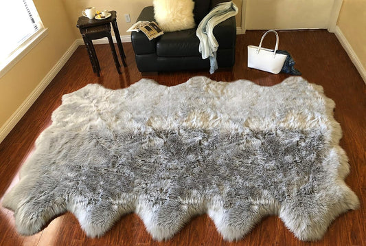 LAMBZY Faux Sheepskin Hypoallergenic Free Shape Silky Shag Rug, Luxury Shaggy Silky Plush Carpet for Bedrooms Rugs Living Room Kids Rooms Sofa Floor Rugs (Decto 10 Pelts 6'x10', 180x300cm, Grey)