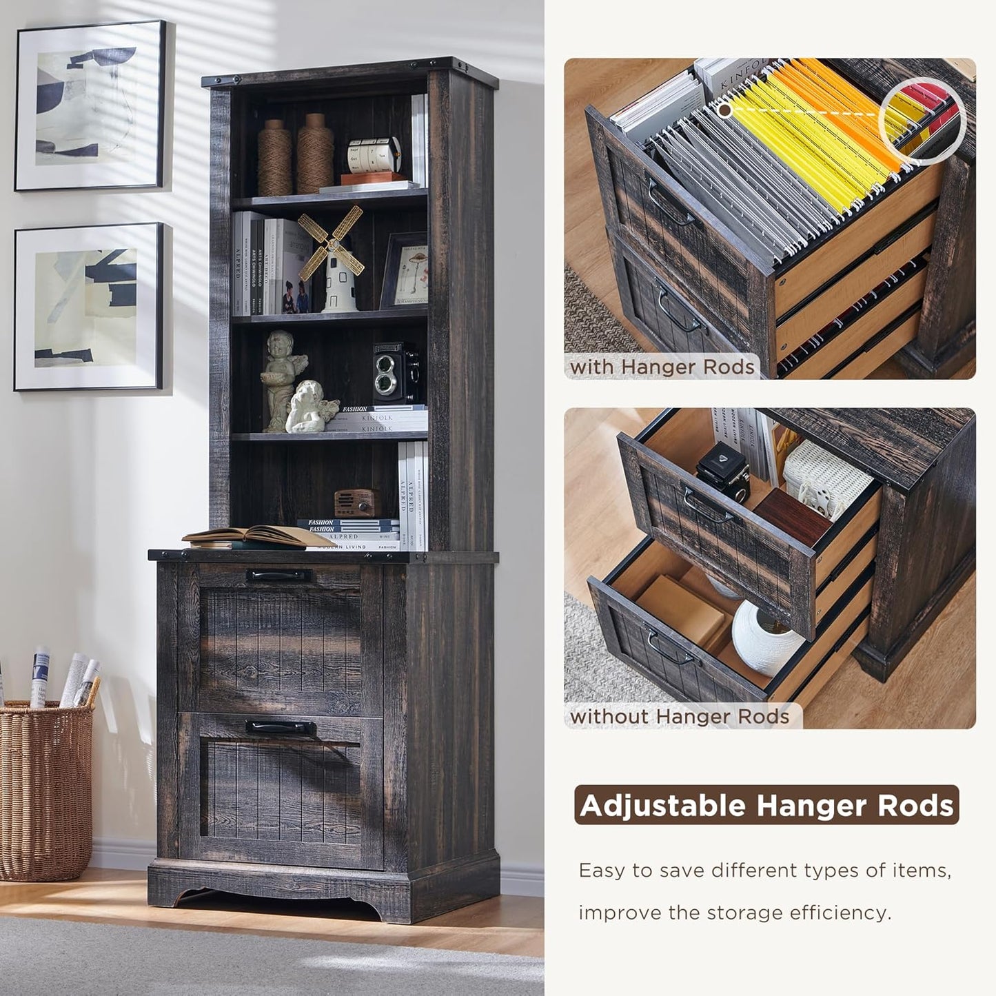 RedLemon Bookcase with 2 File Drawers, 72" Tall Farmhouse Bookshelf with Storage and Adjustable Shelves, 4 Tier Rustic Wood Bookshelf with Cabinet for Home Office, Living Room (Dark Rustic Oak)