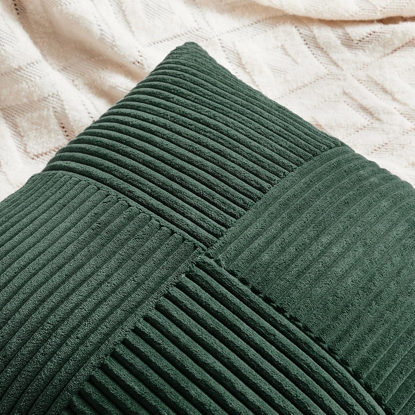 Fancy Homi Set of 2 Dark Green Decorative Throw Pillow Covers 28x28 Inch for Bedroom Couch Bed, Boho Farmhouse Forest Green Home Decor, Soft Corss Corduroy Patchwork Textured Cushion Case 71x71 cm