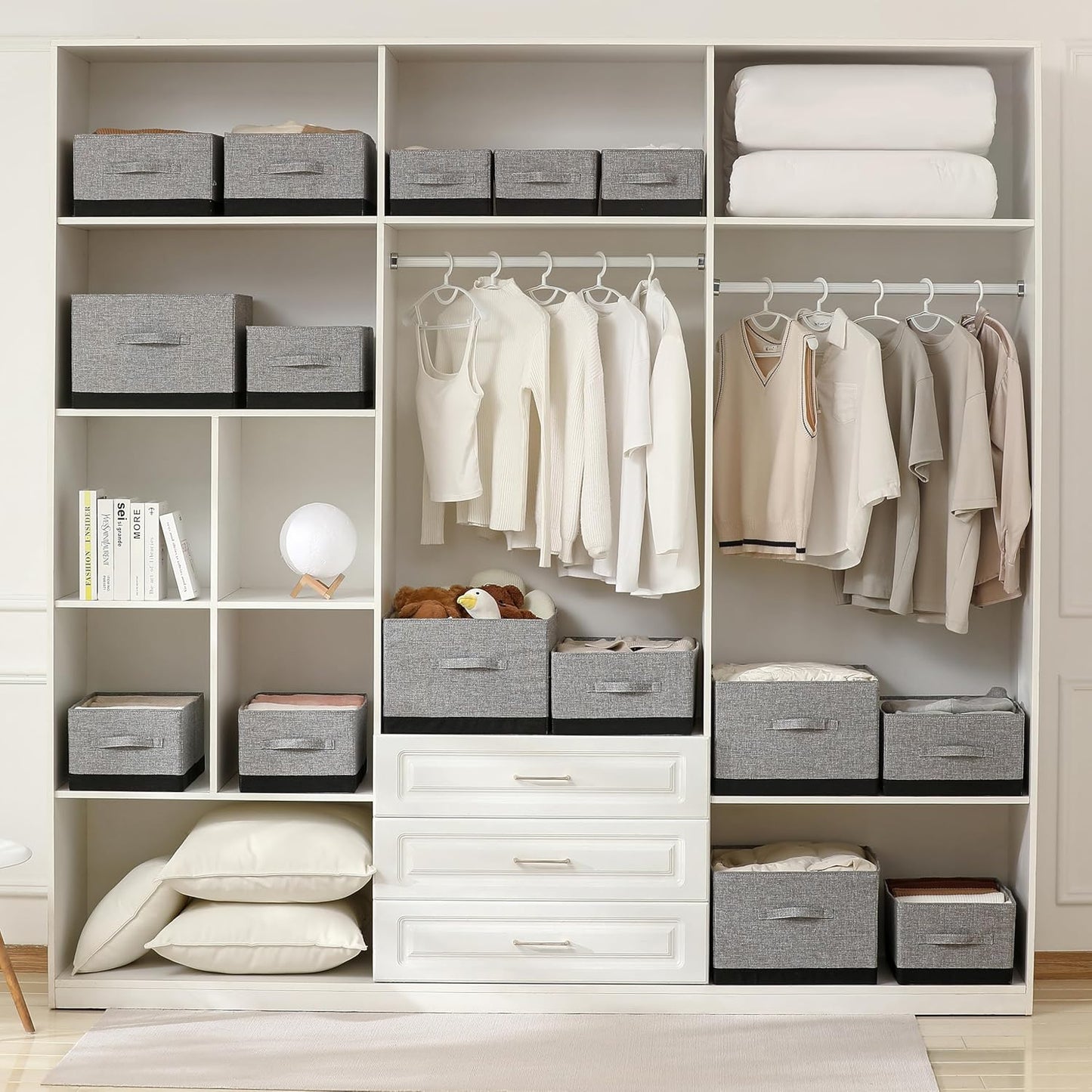 Linen Folding Storage Bins, 3 Pack Large Storage Baskets, Washable, Clothing Storage Bins with Handle, Closet Organizer for Storage Sweater,Sheets (gray black, 18½"x13½"x8½")