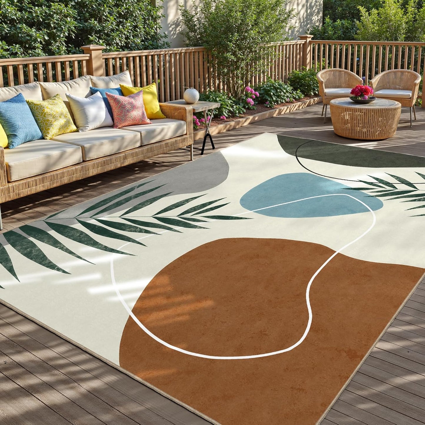 Indoor Outdoor Area Rug, Mid Century Outdoor Patio Rug, Washable Abstract Art Leaves Eucalyptus Rugs, Non-Slip Carpet for Camping, Living Room, Bedroom, Deck(8x10)