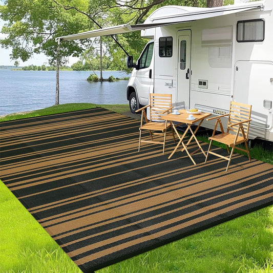 Outdoor Plastic Straw Rug 9x18 Waterproof Outside Rug, Large Modern Striped Reversible Floor Mats, Foldable & Lightweight Camping Carpet for Patio, Porch, Deck, Backyard, Balcony, Black Brown