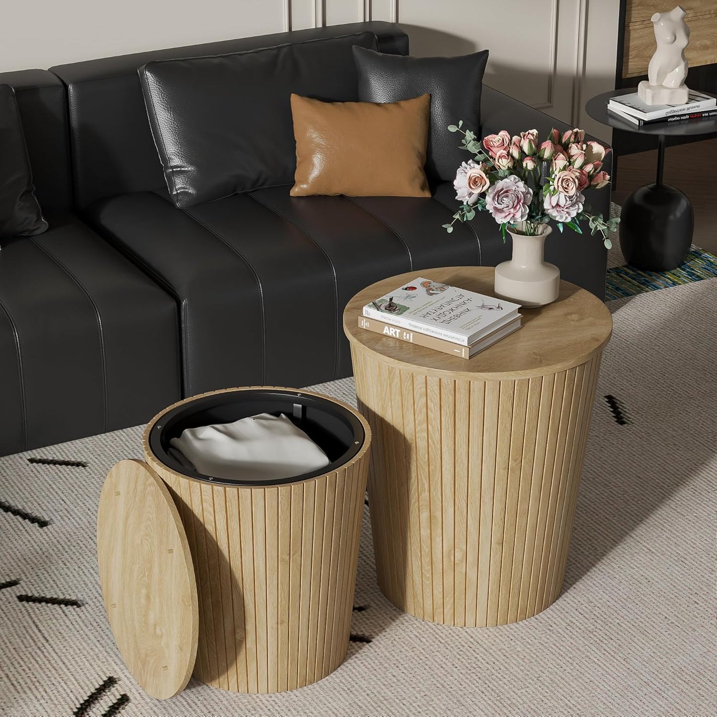 Round Coffee Table Set,2-Piece Modern Farmhouse Living Room End Table Set, Nesting Table Round Natural Finish for Living Room (Wood, 17.72'')