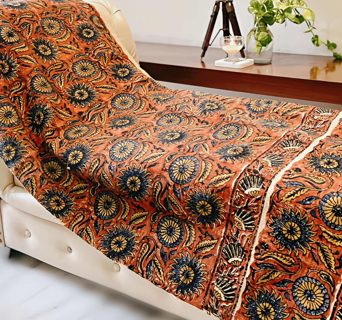 Handmade Cotton Throw Blanket | Floral Block Print in Orange & Navy | 48x70 Inches Fringed Bed Runner | Lightweight Boho Sofa Throw for Couch, Living Room & Bedroom Decor