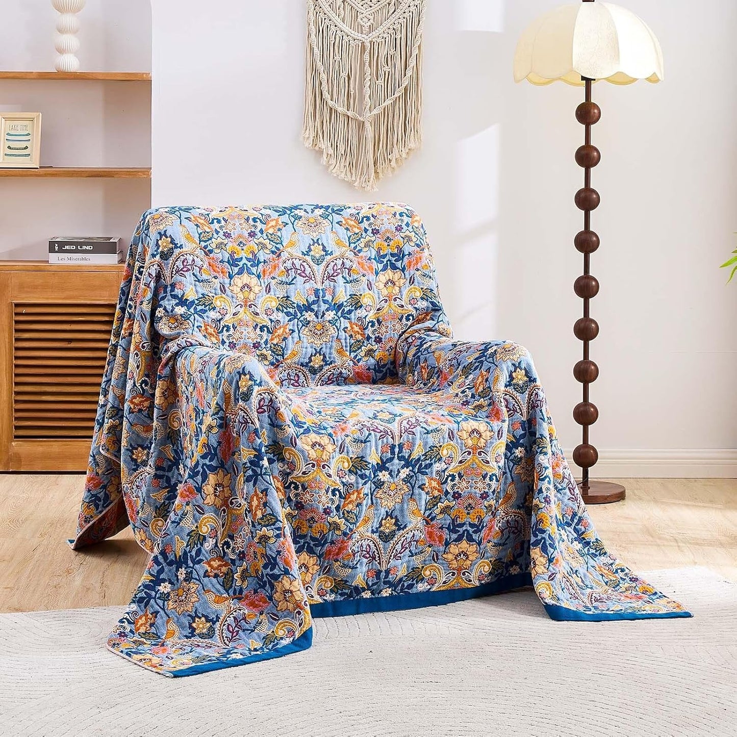 Boho Throw Blanket for Bed, 100% Cotton Soft Rustic Quilt Fall Blanket, 80"x90" Floral Printed Farmhouse Decor Bed Blankets, All Season Rustic Reversible Bohemian Throw Quilt