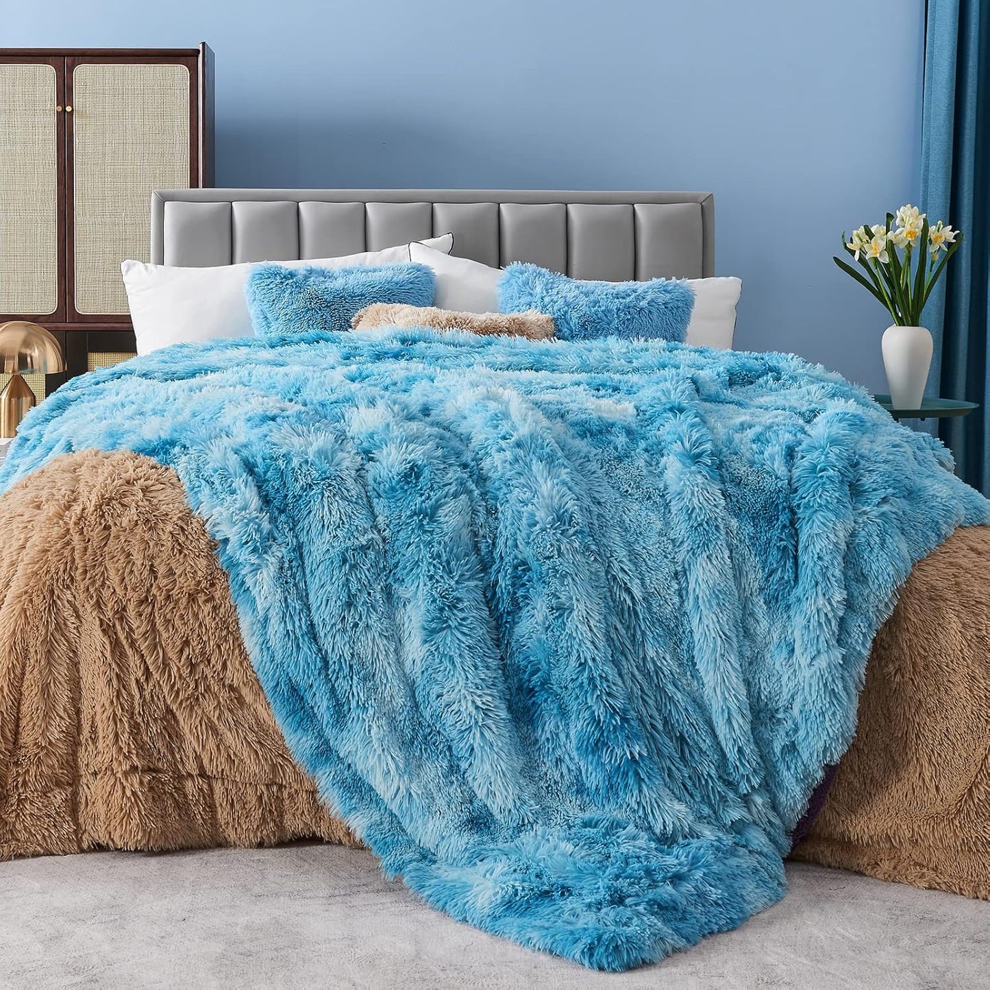 GONAAP Fuzzy Faux Fur Throw Blanket Tie-dye Ocean Blue Super Soft Cozy Plush Fuzzy Shaggy Blanket for Couch Sofa Bed (Tie-dye Ocean Blue, Throw(50"x60"))