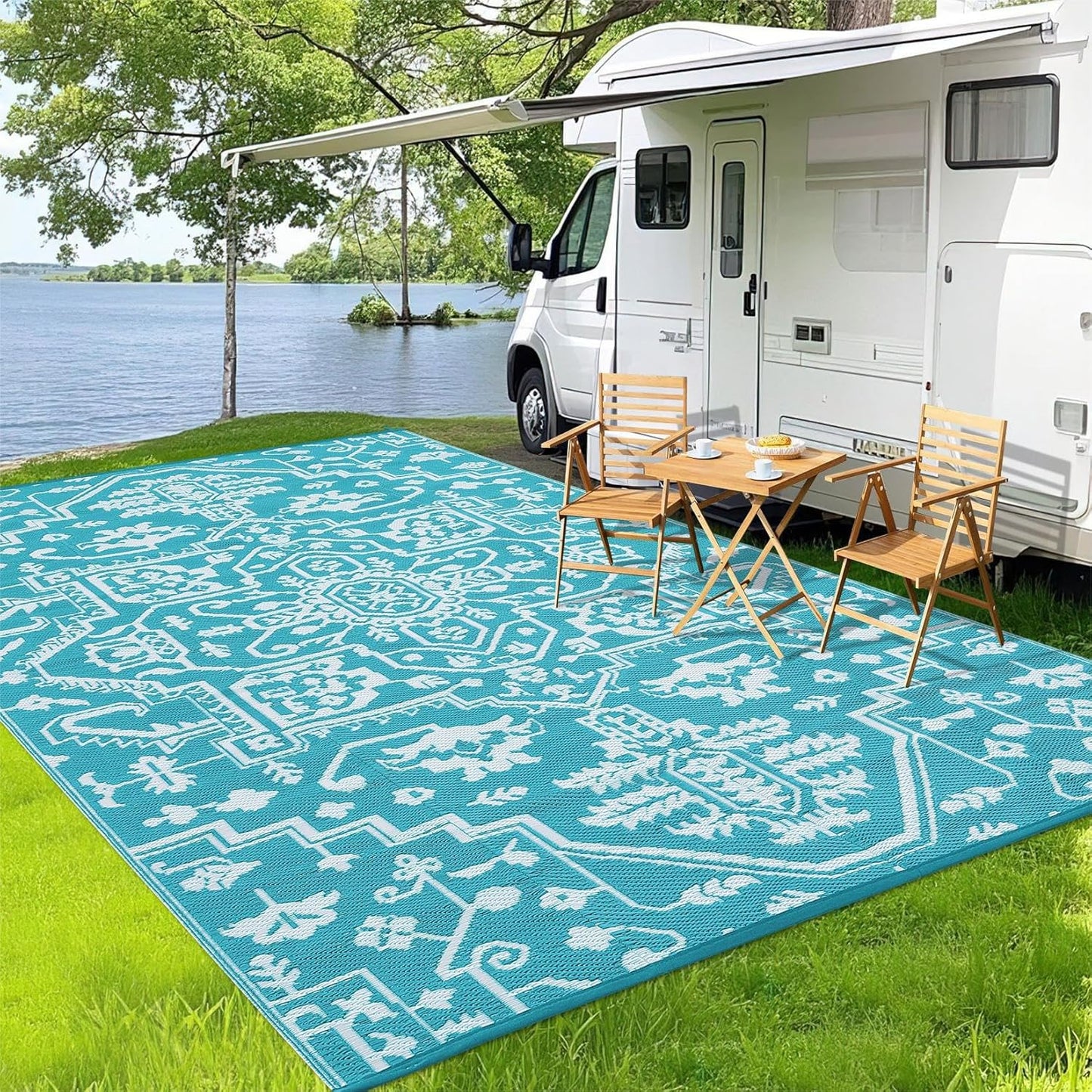 Outdoor Rug 9x12 Waterproof Reversible Plastic Straw Patio Rug, Stain-Resistant Vintage Medallion Carpet, Large Easy-Cleaning Indoor Outdoor RV Mat for Deck, Camping, Balcony, Light Blue/White