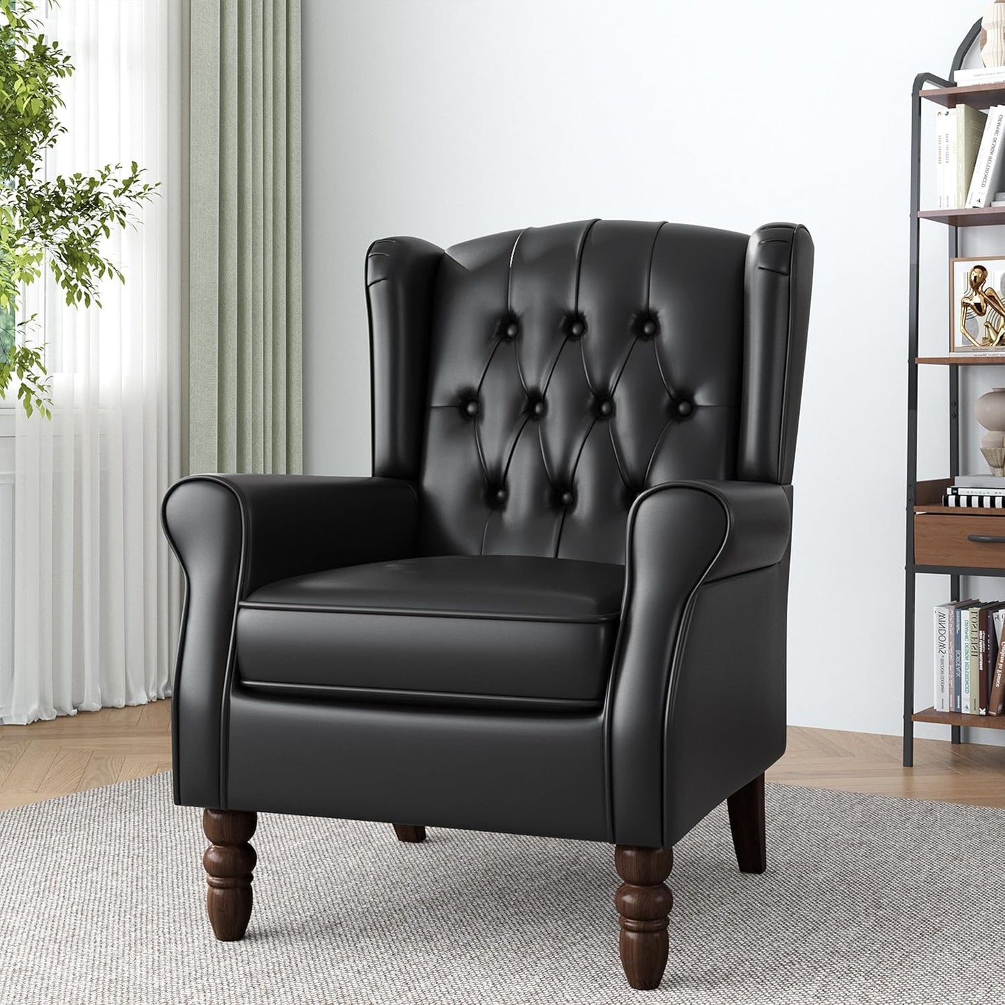 High Back Accent Chair,Upholstered Faux Leather Wingback Armchair with Solid Wood Legs for Small Spaces,Comfy Single Sofa Chair for Living Room,Bedroom,Office-Black