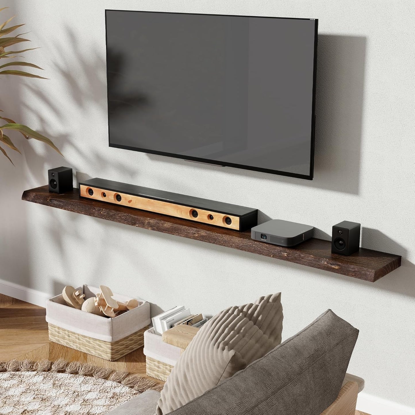 72" Floating Shelves, Live Edge Elm Wood Floating Shelf for Wall, Wall-Mounted Display Shelves with Invisible Heavy-Duty Bracket, Long Floating Shelf for Bathroom, Kitchen, Living Room, Walnut Color