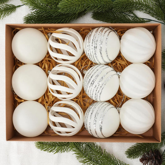 Christmas Ornaments Set of 12, 3.15" Flocked Velvet Balls with Hand Painted Designs, White Elegant Christmas Tree Decorations in Gift Box