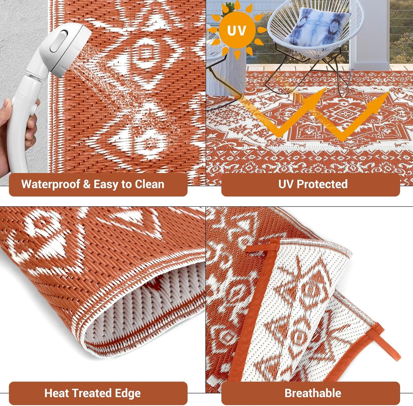 GAOMON Large Outdoor Plastic Straw Rug 10x14 Waterproof Patio Rug Reversible Foldable Portale Camping Mat with Stakes & Bag, Vintage Boho Outside Carpet for RV Garden Deck Porch, Orange Red