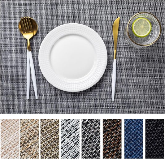LEXMORE Placemats Set of 6 Vinyl/Plastic Woven Place Mats for Kitchen Table Indoor/Outdoor Washable Placemat Wipeable Dining Table Mats(Dark Gray)