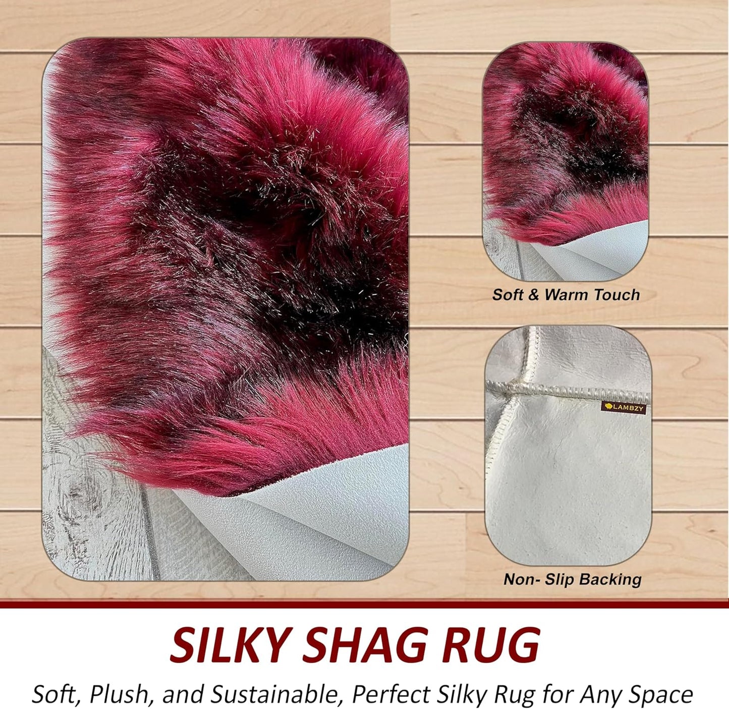 LAMBZY Faux Sheepskin Super Soft Hypoallergenic Free Shape Silky Shag Rug, Luxury Shaggy Plush Carpet for Bedrooms Living Kids Room Sofa Rugs (Burgundy, Single 2'x3')