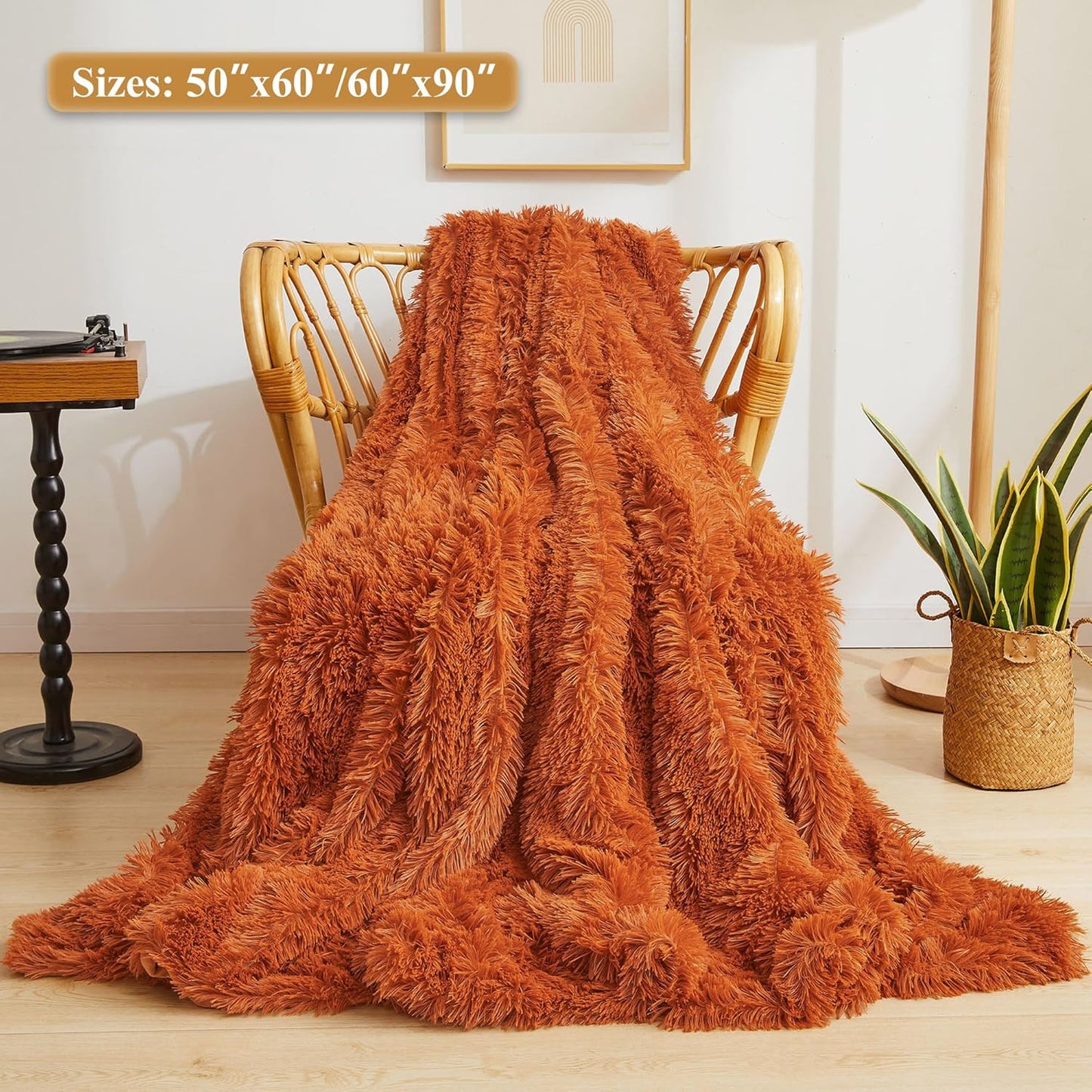 XeGe Luxury Faux Fur Blanket, Burnt Orange Soft Fluffy Bed Throw, Shaggy Plush Big Decorative Couch Throw, Cute Furry Fuzzy Blanket for Sofa Bed, Burnt Orange, 60x90