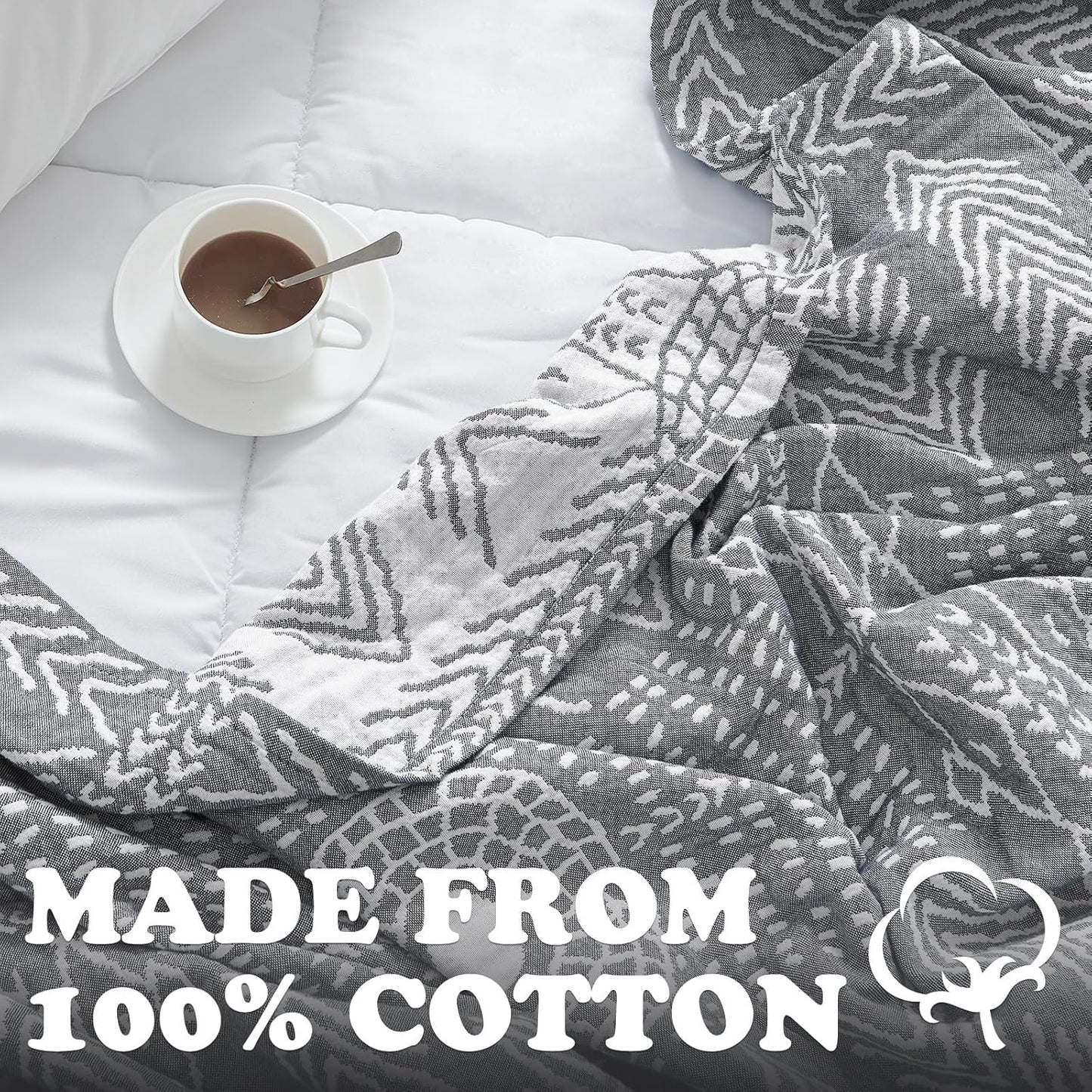jinchan Boho 100% Cotton Muslin 50x60 Throw Blanket Lightweight 3 Layer Grey Blanket Washable Reversible Breathable Decorative Geometric Striped Patterned Gray Soft Cozy for Sofa Bed All Season Gift