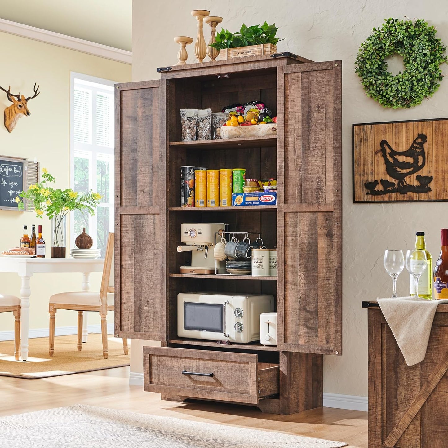 Farmhouse Kitchen Pantry Cabinet - 72" Tall Wood Kitchen Storage Cabinets with Adjustable Shelves & 2 Barn Doors & Drawer, Versatile Storage for Dining Room, Bathroom, Utility Room, Light Brown