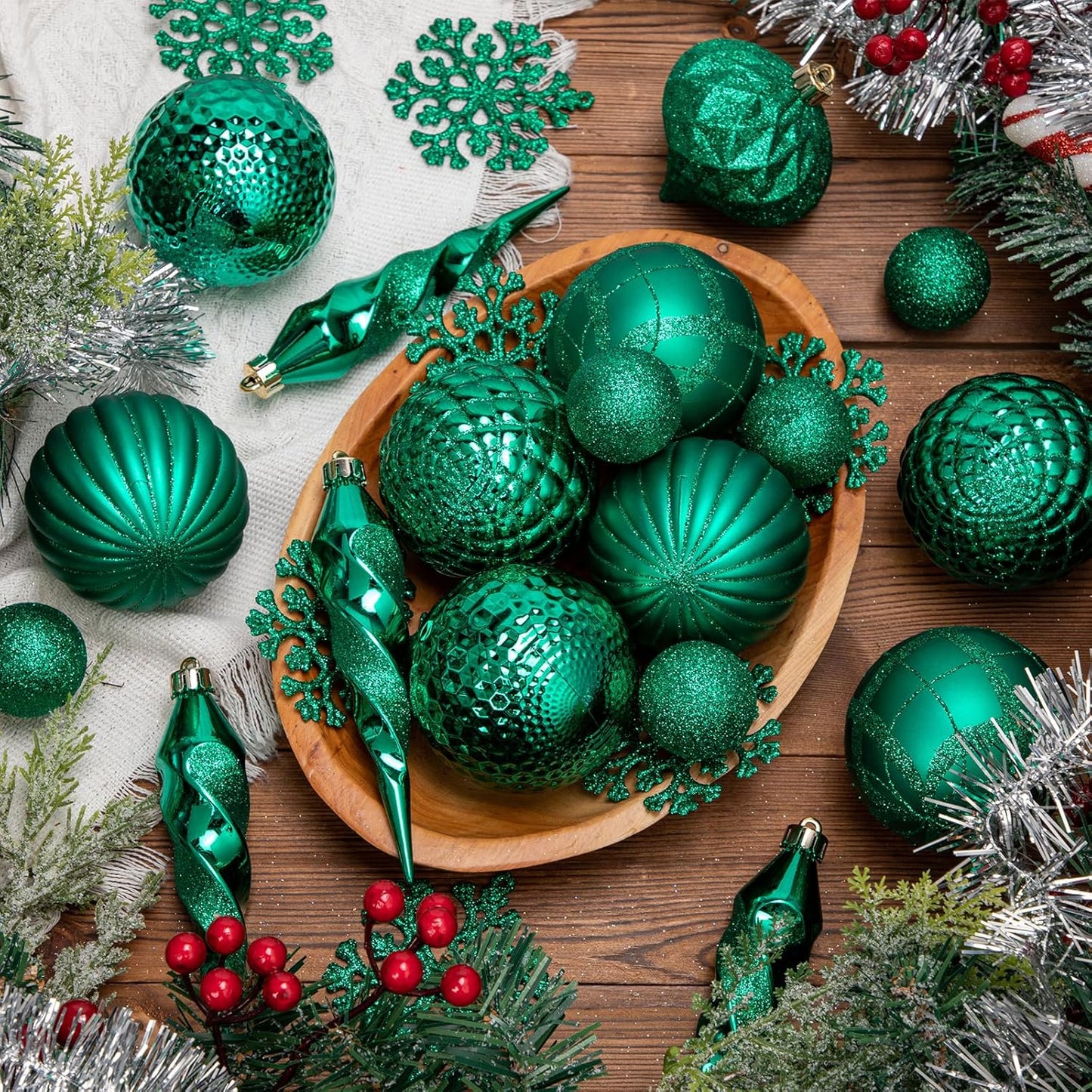 50PCS Christmas Tree Ornaments Set with Shatterproof Balls Icicle Snowflake Hanging Ornaments for Home Office Farmhouse Christmas Decorations, Dark Green