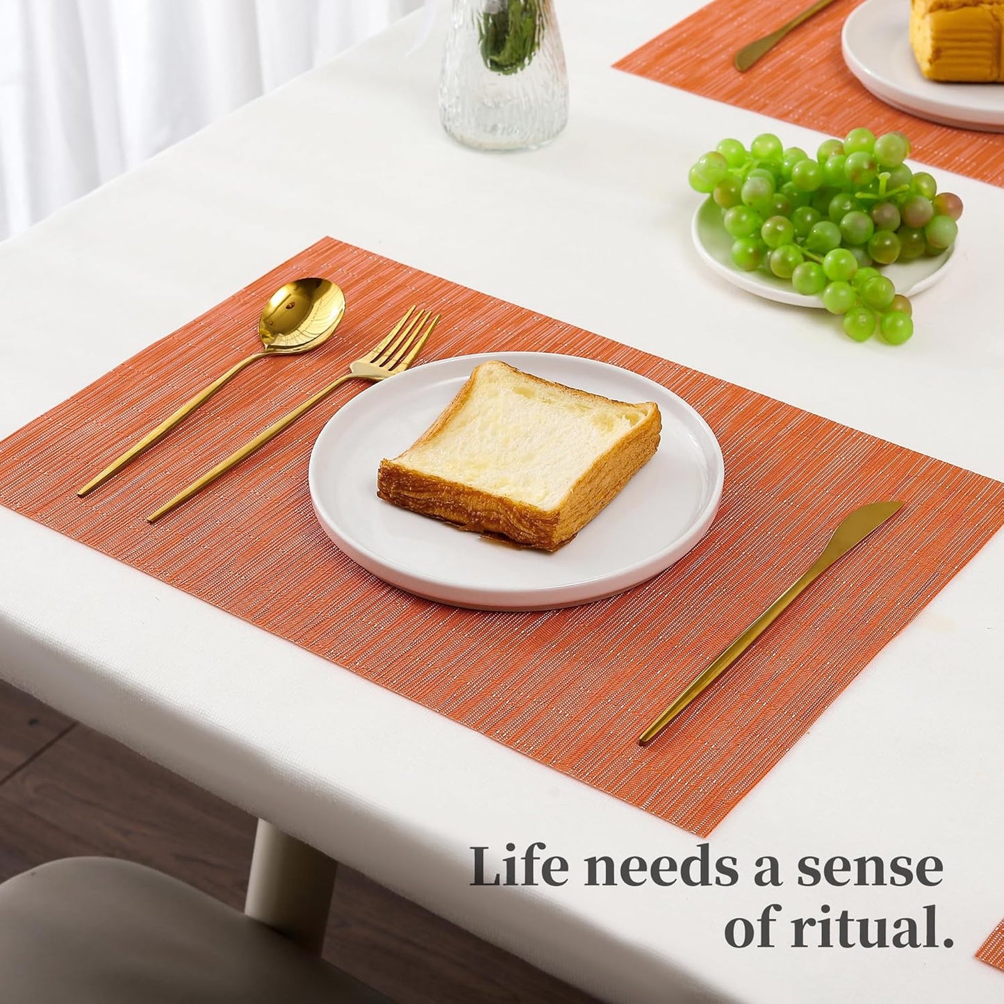 Leetaltree Orange Placemats Set of 6 - Heat Resistant Non-Slip Place mats for Dining Table, Washable Durable PVC Vinyl Woven Table Mats（Orange, 6）